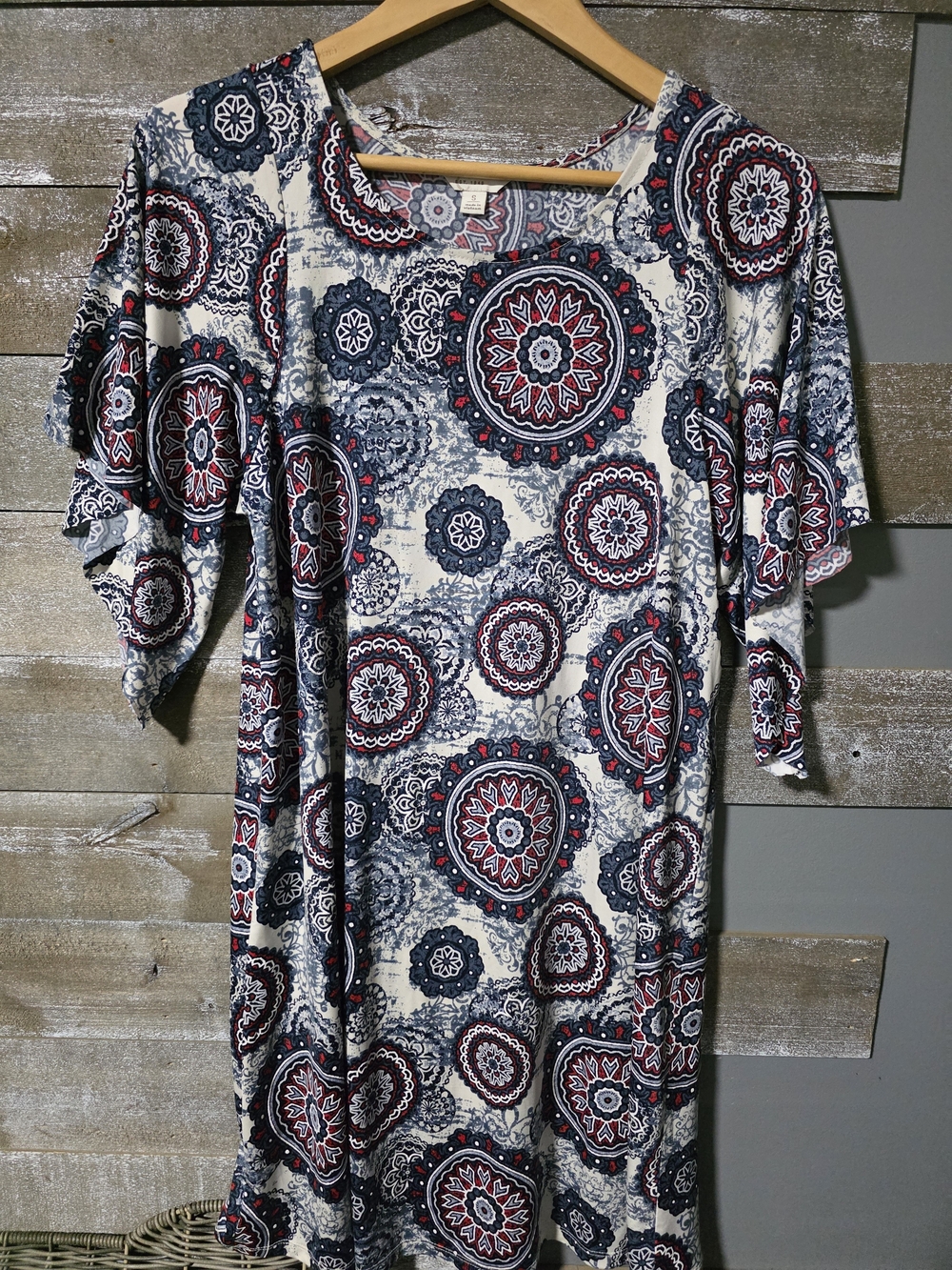 Navy & White Medallion Midi Dress with Red Accents